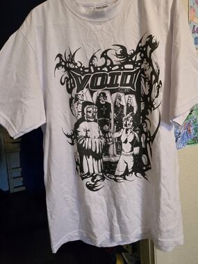 White Short Sleeve Graphic Tee with Black Band Artwork